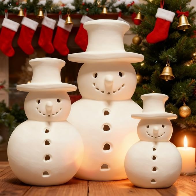 Handmade Terracotta Snowman Decor, White Clay Statue Figurines Snowman, Winter Christmas Decorations Indoor, Unique Style Handcrafted Terra Cotta for Holiday Table Ornaments(M)