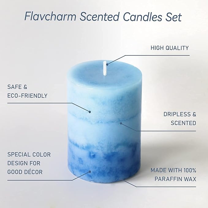 3x4 inch Blue Pillar Candles for Home Scented 3 Pack Lilac Garden Scented Long-Lasting Hand-Poured Candle Coastal Decoration Gifts for Women Wedding Party Shower Bathroom Decor