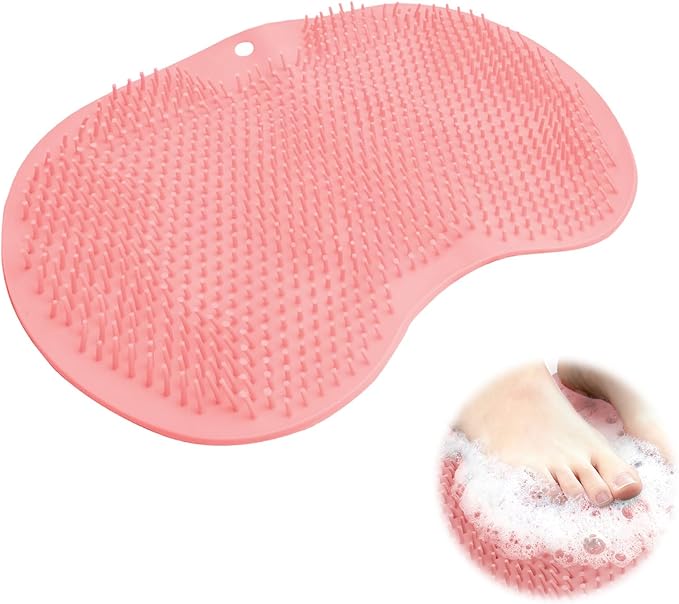 Shower Foot Scrubber Mat with Non-Slip Suction Cups, Back Exfoliating Bath Wash Pad and Massager for Deep Cleaning and Relaxation, Wall Mounted Foot Scrubber Cleaner for Men and Women,Pink