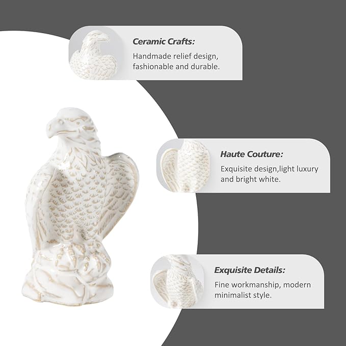 Ceramic Eagle Statue - Modern Hawk Sculpture for Home, Mini Eagle Decor, Figurine Hawk Trophy for Living Room, Bathroom, Bookshelf, Desktop, Car (White)