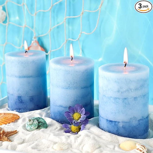 3x4 inch Blue Pillar Candles for Home Scented 3 Pack Lilac Garden Scented Long-Lasting Hand-Poured Candle Coastal Decoration Gifts for Women Wedding Party Shower Bathroom Decor