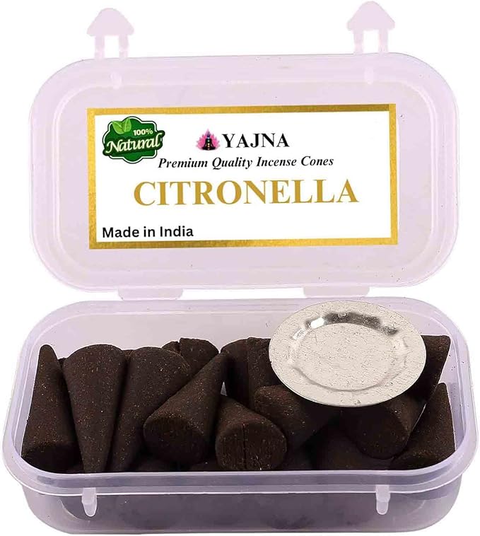 Yajna Citronella 100%-Natural-Incense-Cones Handmade-Hand-Dipped Organic-Chemicals-Free for-Purification-Relaxation-Positivity-Yoga-Meditation The-Best-scents (20 Count)