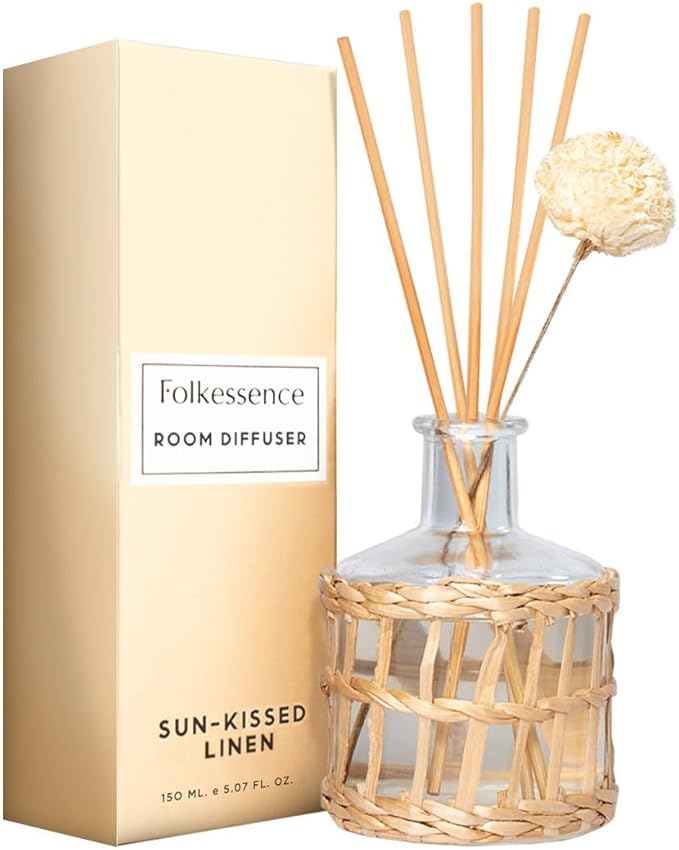 Folkulture Reed Diffusers for Home, 5 oz | Linen Scent Diffuser Oil with Sticks for Bathroom Decor Accessories, Living Room, Office, Desk| Natural Essential Oils | Housewarming Gifts | Sunkissed