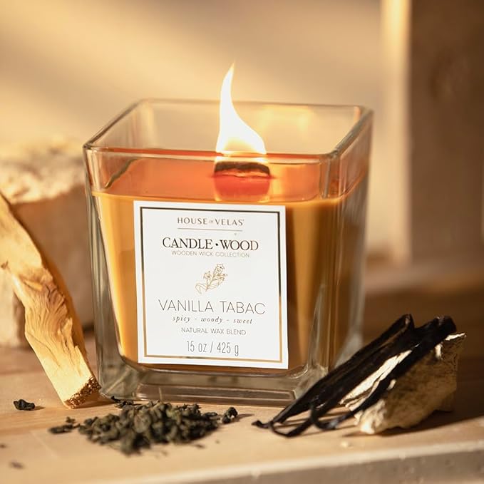 Candle Wood Collection, 15 oz, 1 Wooden Wick, Vanilla Tabac, Square Glass Jar Candle
