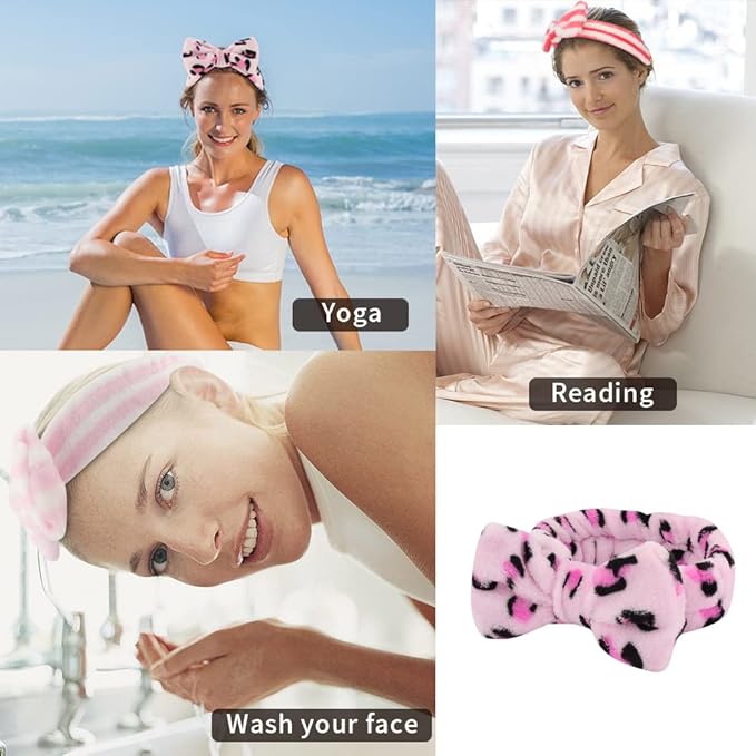 WHAVEL 6 Pack Pink Spa Headbands, Makeup Headbands Skincare Headbands Microfiber Bow Headbands Leopard Stripe Polka Facial Headband Soft Elastic Hair Band Headband for Washing Face