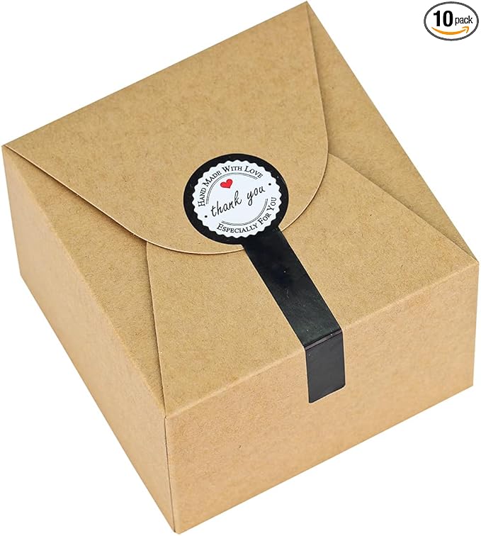 Brown Gift Box with Stickers, 10 Pack Small Cute Boxes for Gifts, Candy, Cookie, Chocolate, Craft, Candle, Party, Birthday and More(4.75” x 4.75” x 3.53”)