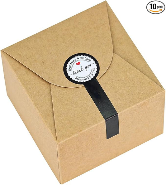 Brown Gift Box with Stickers, 10 Pack Small Cute Boxes for Gifts, Candy, Cookie, Chocolate, Craft, Candle, Party, Birthday and More(4.75” x 4.75” x 3.53”)