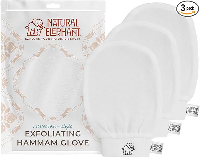 Natural Elephant Exfoliating Hammam Glove | Authentic Moroccan Kessa Body Scrub Mitt for Spa-Quality Skin Renewal | Pearl White 3 Pack
