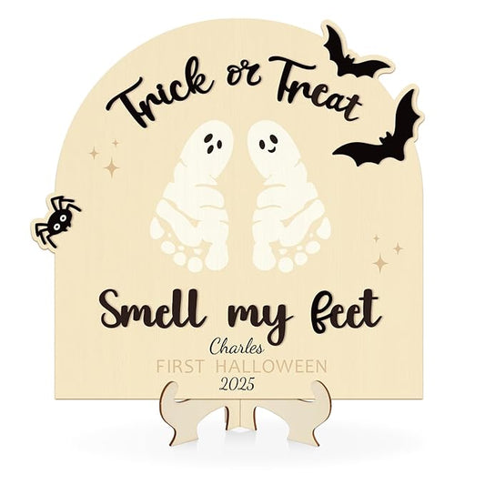 Sereliy Baby's First Halloween DIY Footprint Art Card, Wooden Halloween Baby Sign Keepsake Ornaments for Baby Shower Newborn Photoshoot Prop (Trick)