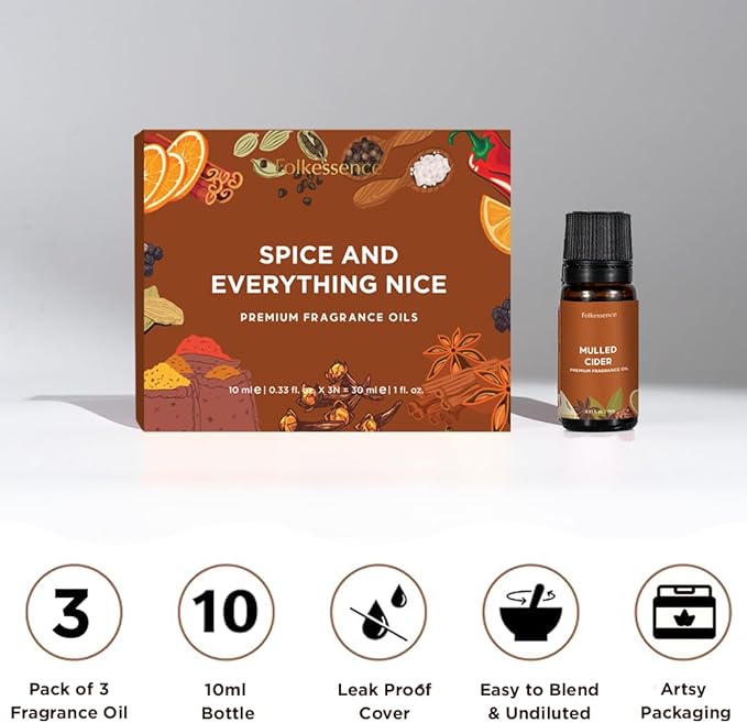 Folkulture Essential Oils for Home | Set of 3 (0.34 fl oz x 3) Fall Essential Oil for Relaxation | Chai Latte, Cider, Clove Essential Oil or Fall Scents for Meditation | Fall Essentials for Women