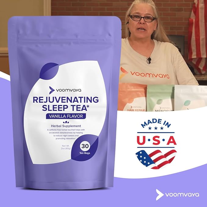 VoomVaya Rejuvenating Sleep Tea - Valerian Root Tea - Herbal Sleep Supplement for Menopause with Valerian Root, Lavender & Chamomile - Alleviates Hot Flashes, Night Sweats - 30 Teabags