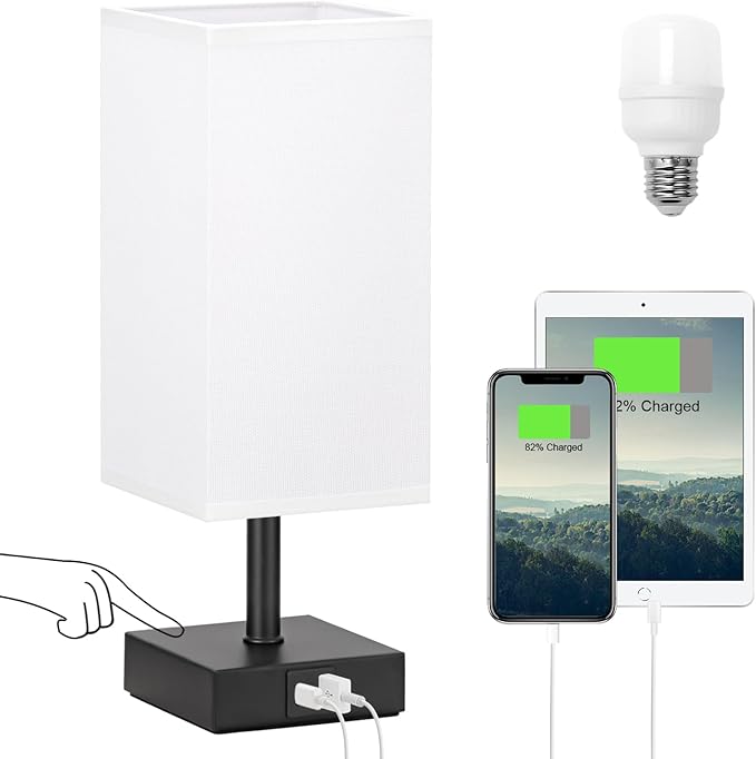 Ambimall Touch Control Table Lamp with USB A+C Charging Ports - 3 Way Touch Lamps Bedside, Nightstand Lamp for Bedrooms, LED Bulb Included(White Shade & Black Base)