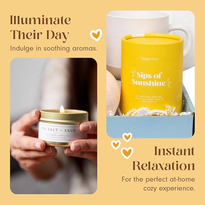 Unboxme Sunshine Gift For Women | Self Care Package with organic herbal tea, fluffy cloud socks, ceramic mug, citrus bath bomb , beeswax lip balm, a fun floral scrunchie + a sending hugs card