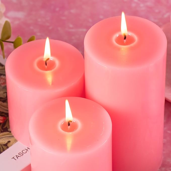 KONNI Pink Pillar Candles Set of 3, 3"x 4" Unscented Pillar Candles Bulk, 39 Hours Long Burning Candles, Smokeless&Dripless Large Round Candle for Wedding, Home Decoration, Parties, Spas, Dinner