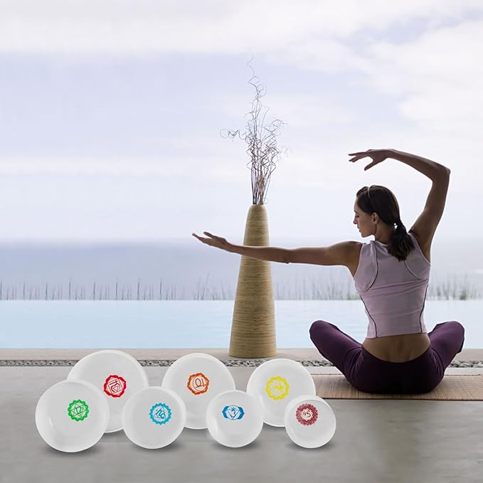 Kresec 432Hz 6-12 Inch Chakra Tuned Quartz Crystal Singing Bowl Set of 7 Multicolored Sound Healing Bowls for Meditation, Yoga & Reiki with Padded Case, Suede Mallets & O-Ring 7 Chakra Colors