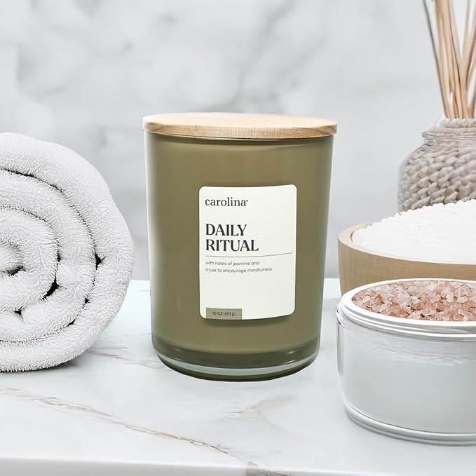 Carolina Daily Ritual Scented Candle, 16 oz Musk & Jasmine Scented, 2 Wick Wellness Relaxing Candle, 60H Burn Time, Ideal for Creating a Welcoming Home - Made in The USA