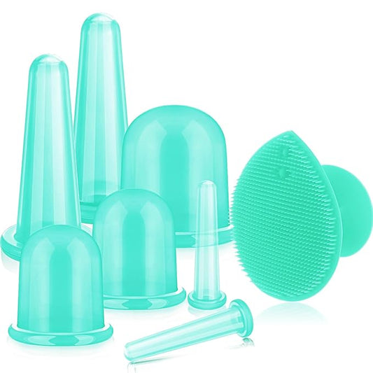 BBTO Silicone Facial Cupping Set, Vacuum Massage Cup Kit for Body, Face, Neck, Back, and Eye, 6 Cups and Exfoliating Brush (Mint Green)