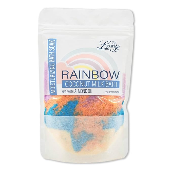 Luxiny Vegan Milk Bath Soak Made with Coconut Milk Powder & Sweet Almond Oil Which Creates A Bath Bomb Dust Soothing Fizz, 8oz (Rainbow)