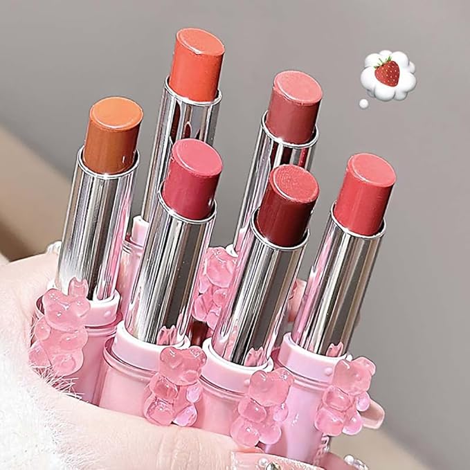 3 Pcs Cute Bear Glossy Lipstick Set, Moisturizing Smooth Sweet Tinted Lip Balm, Hydrating Non-Stick Cup Jelly Lipstick Gift Set, Lip Makeup for Girls (Light Pink, 3 PCS)
