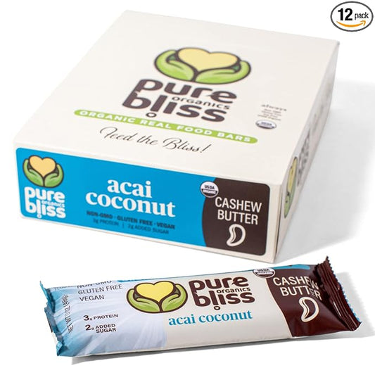 Organic Real Food Bar (Acai Coconut) Non-GMO, Gluten Free, Vegan, Nutrition Bars, Energy Bars, Super Food Simple Ingredients, Best Tasting, Healthy Snack, Breakfast Bars, Dairy Free, Soy Free, Pure Bliss Organics (1.7 oz bar, 12-Pack Case)