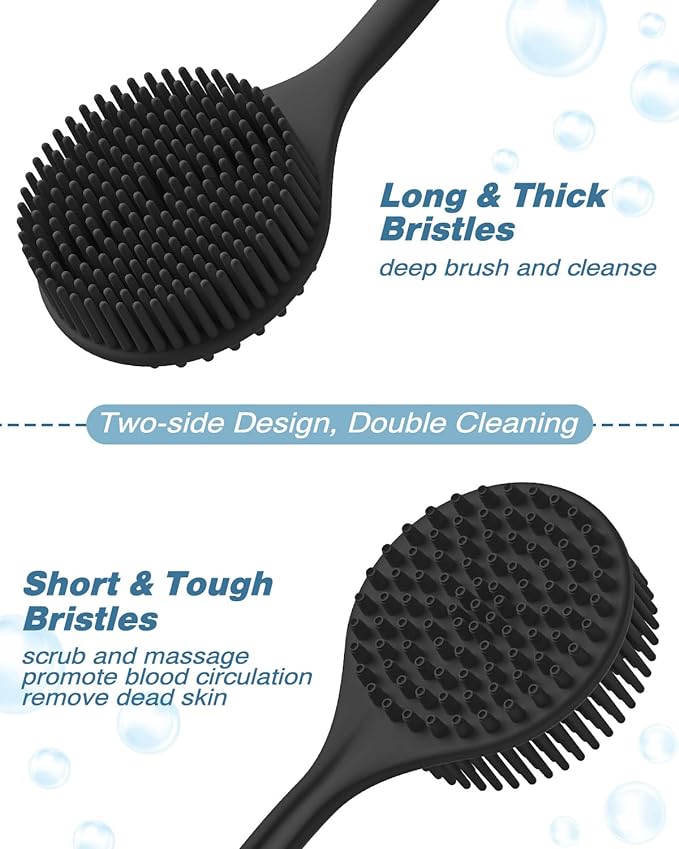 Manmihealth Silicone Back Scrubber & Soft Bath Glove, Silicone Scalp Massager Set 5 PCS, Super-Exfoliating Body Scrubber Shower Brush & Shampoo Brush Combination, with 2 Free Hooks (Style 2 Black)