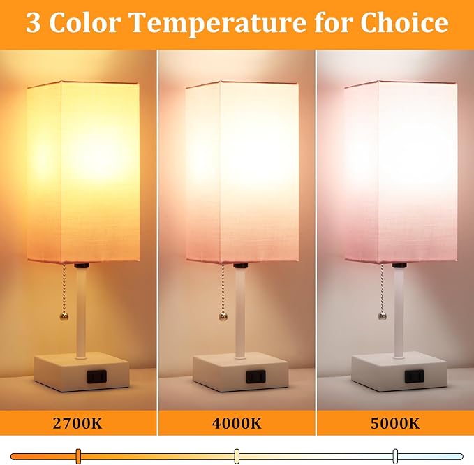 15'' Table Lamp for Bedroom set of 2,3-Color Bedside Lamps with Pull Chain Table Lamps for Night stands ,Small Night Light Lamps with 2 Bulbs Lamps for Living Room Kids Room Office Decor（Pink+White）