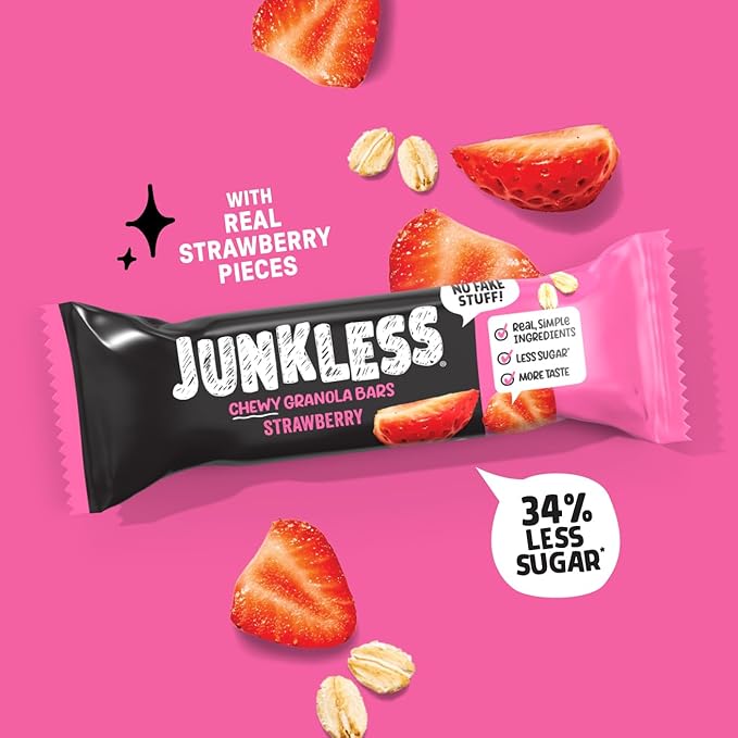 JUNKLESS Chewy Granola Bars Twin Pack – Chocolate Chip & Strawberry (12 Bars)–Less Sugar, Non-GMO, Gluten-Free, Wholesome Snack Bars for Kids & Adults, 2 Boxes