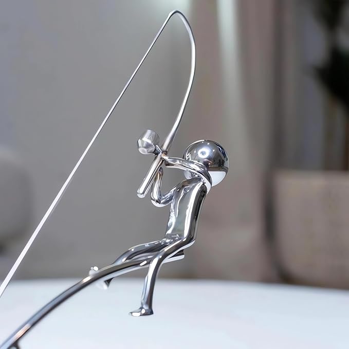 Kinetic Fishing Sculpture - Balance Art for Your Space, Fisherman Kinetic Balancing Desk Toy Fishing Physics Sculpture for Home Office Art Deco, Stainless Steel Balance Physics Toy (1pcs)