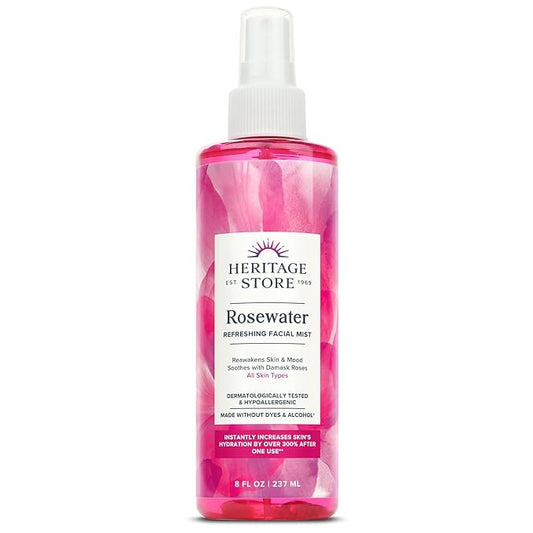 HERITAGE STORE Rosewater - Refreshing Facial Mist for Glowing Skin with Damask Rose, All Skin Types - Rose Water Spray for Face, Made Without Dyes or Alcohol, Hypoallergenic, Vegan, Cruelty Free, 8oz