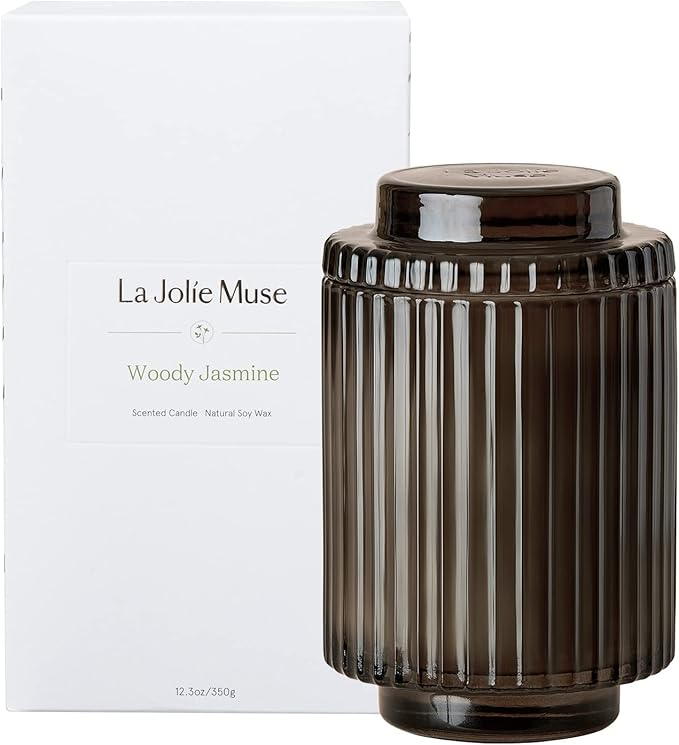 LA JOLIE MUSE Woody Jasmine Candles for Home Scented - Luxury Jar Candles with Aesthetic Glass, Candles Gifts for Women, 80 Hours Long Burning, 12.3oz