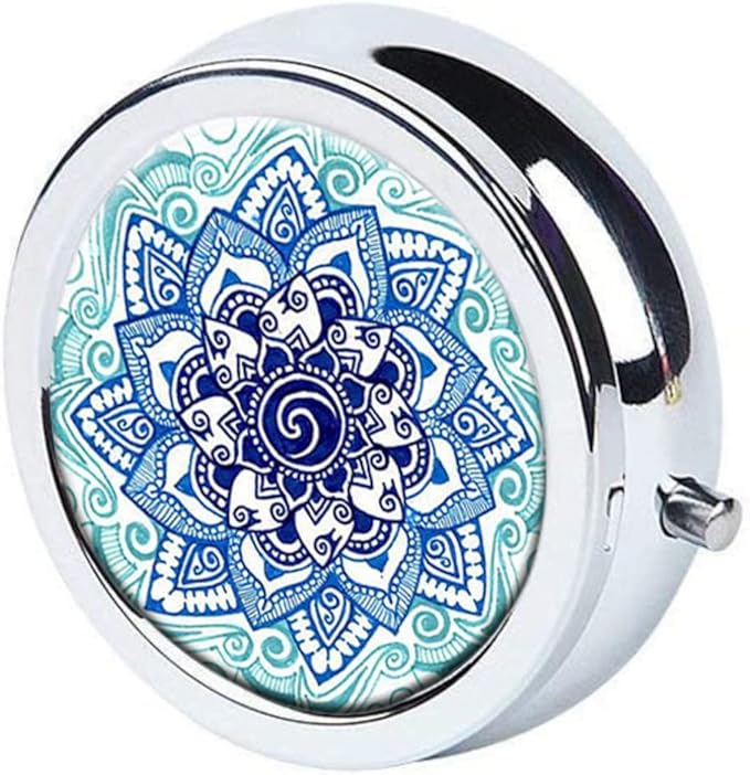 Blue Marble Pill Box Purse Pocket Small Round Silver Pill Case Decorative Box Metal Medicine Vitamin Pill Organizer Portable Unique Gift