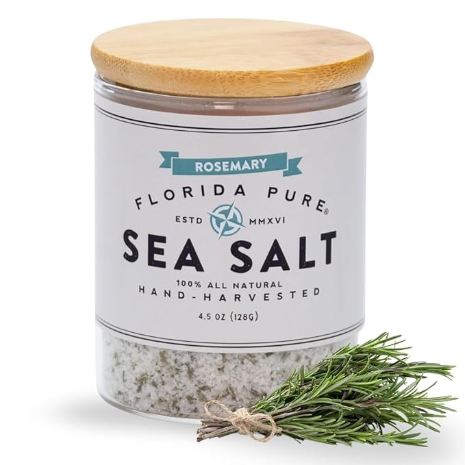 FLORIDA PURE Rosemary Sea Salt - 80+ Mineral Sea Salt, Natural, Unrefined, Non Iodized - for Baking, Cooking, Seasoning & Enhancing Taste - Hand-harvested Flaky Sea Salt (4.5 oz Jar)