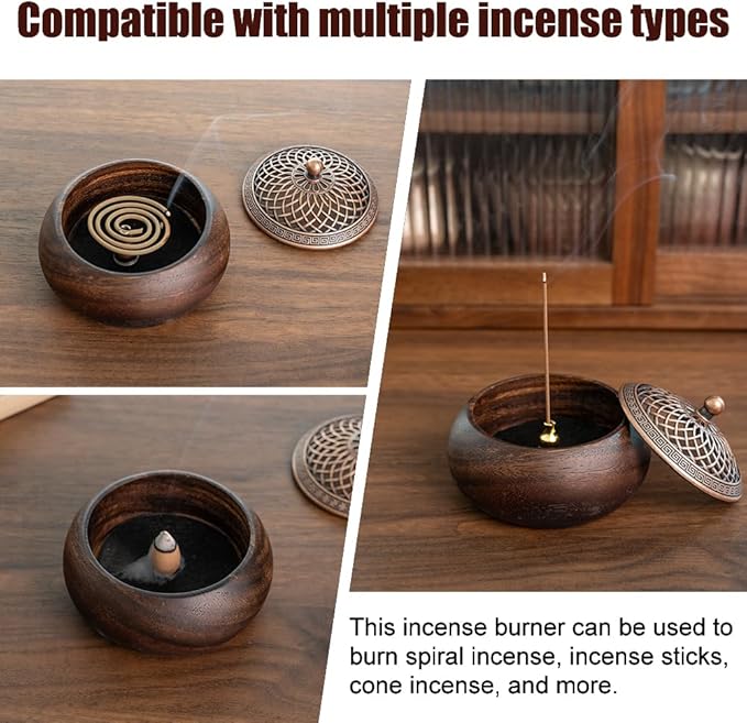 Round Incense Burner - Handcrafted Wooden Censer with Alloy Lid for Sticks/Cones/Sage, Natural Wood Aroma Tray Holder for Yoga Meditation