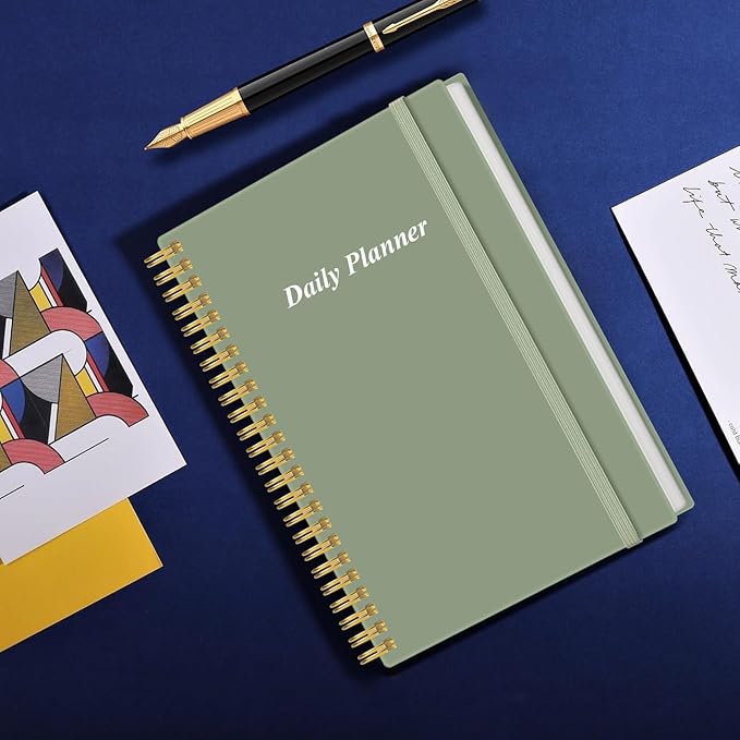 Daily Planner Undated - A5 To Do List Notebook Hourly Schedules, Spiral Appointment Planner for Women and Men, PVC Hardcover, Inner Pocket, Elastic Closure, 5.8" x 8.3", Green