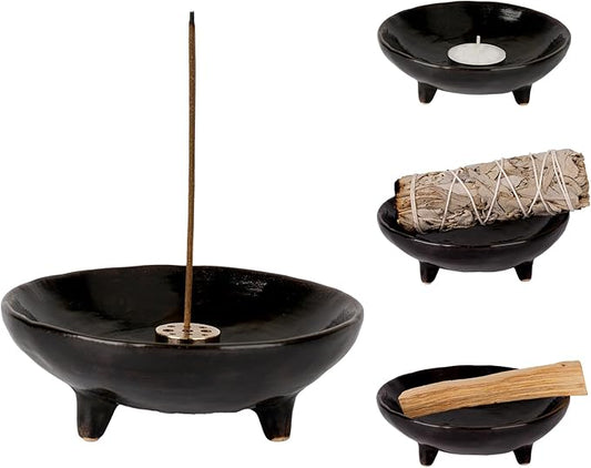Incense Holder, Handmade Ceramic Incense Burner, 4.25-Inch Bowl with 9-Hole Design, Tripod Stability, Ash Catcher, Ideal for Meditation, Yoga, SPA, Heat-Resistant & Easy to Clean (Black)