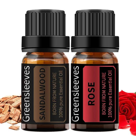 GREENSLEEVES Rose Sandalwood Essential Oil Set, 2 x 10ml Pure Plant-Based Fragrance Oil for Aromatherapy, Essential Oils for Diffuser, Massage, Bath Bomb, Scented Candle Soap Making