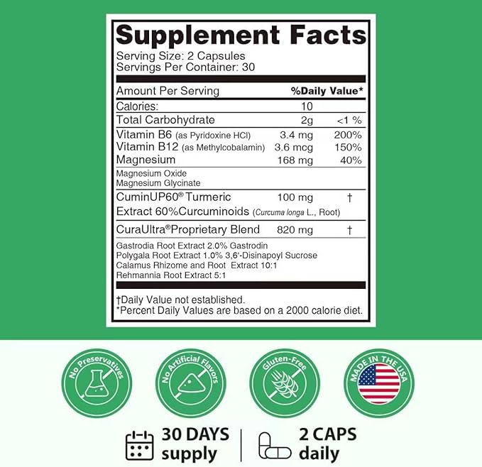 CuraUltra Magnesium Capsules, Magnesium Oxide and Glycinate Extra Strength, with Vitamin B6, B12, Turmeric for Memory, Focus & Relax, Boost Immunity & Sleep, Support Brain Health, 60 Count