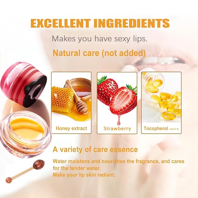 Bee Lip Balm Honey Pot - Strawberry & Honey Moisturizing Propolis Mask, Hydrating Prevention for Dry and Cracked Skin, Exfoliating Scrub, Sleep Mask Reduces Lines - Skin Care Products