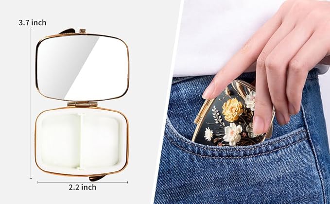 Dynippy Pill Case Pill Box with Mirror Retro Pocket 2 Compartment Medicine Case Vitamin Pill Organizer for Pocket Purse and Travel (Gold- Flower 1)