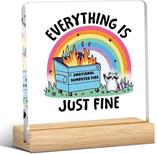 Emotional Support Dumpster Fire Mental Health Decor Motivational Funny Coworker Gifts for Women Men, Therapy Office Acrylic Sign With Wooden Decoration for Bedroom Dorm Apartment Accessories Decor