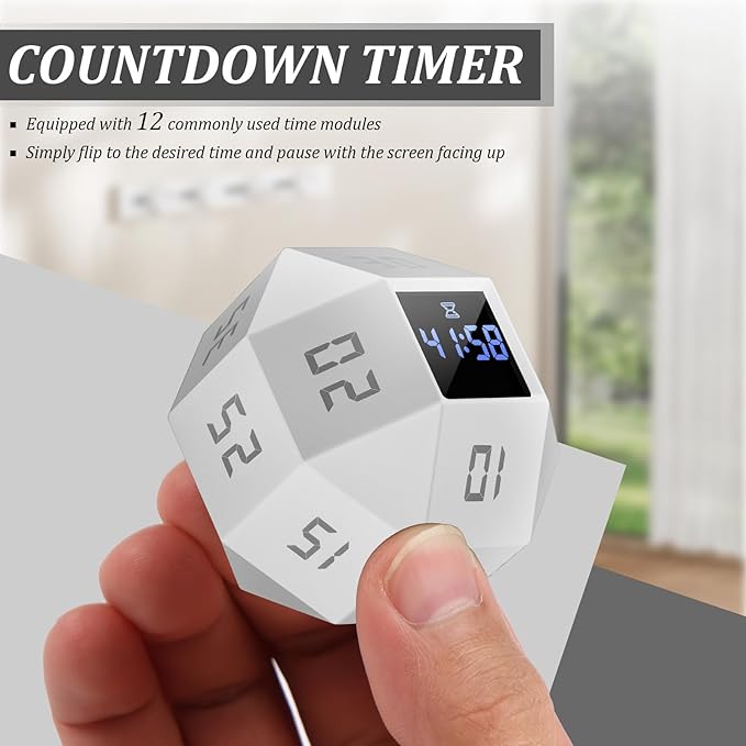 Flip Gravity Timer - 12-Side Time Management Cube with Preset Intervals, Silent Productivity Tool for Office, Study & Gym, Portable Focus Timer (White)
