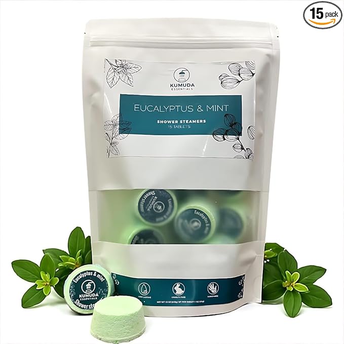 Kumuda Essentials Shower Steamers Pack of 15 Eucalyptus and Mint Aromatherapy Tablets Gift for Women, Birthday, Anniversary (30g Each)