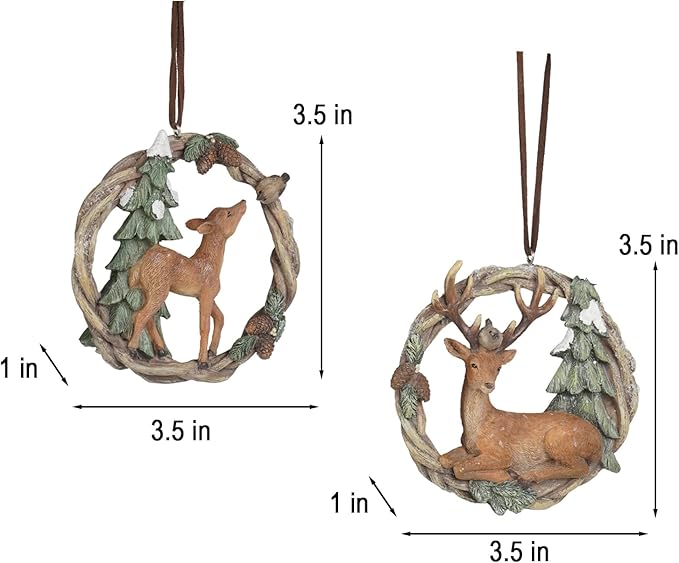 Christmas Tree Ornaments Christmas Decorations - Set of 2 Resin Christmas Woodland Deer in Wreath Ornaments Brown/Sage Green Men for Family Braxio