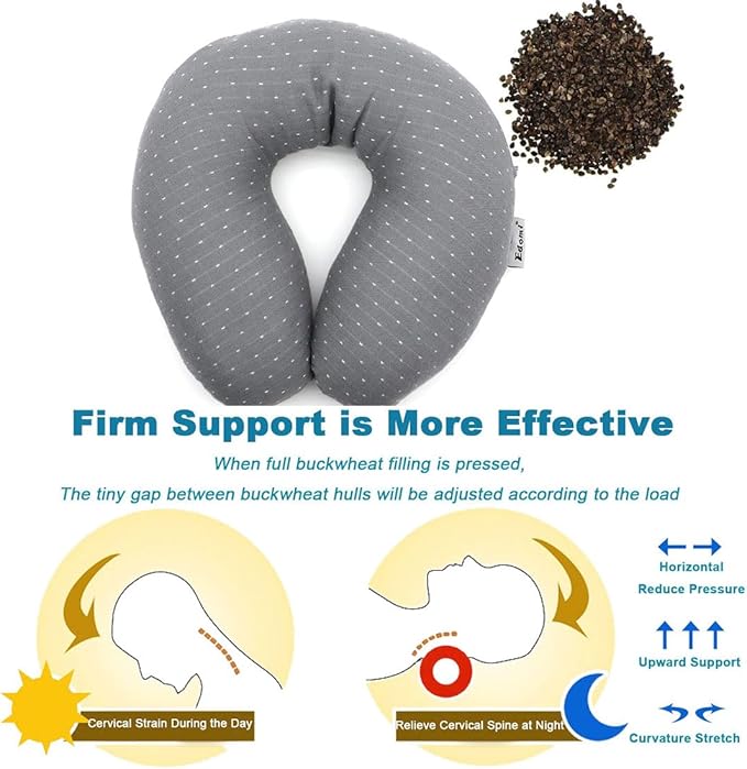 Buckwheat U-Shaped Neck Pillow Adjustable Buckwheat Hull Pillow with Pillowcase, Neck Support and Shoulder Relax Cervical Pillow (12x12 inch, Grey)