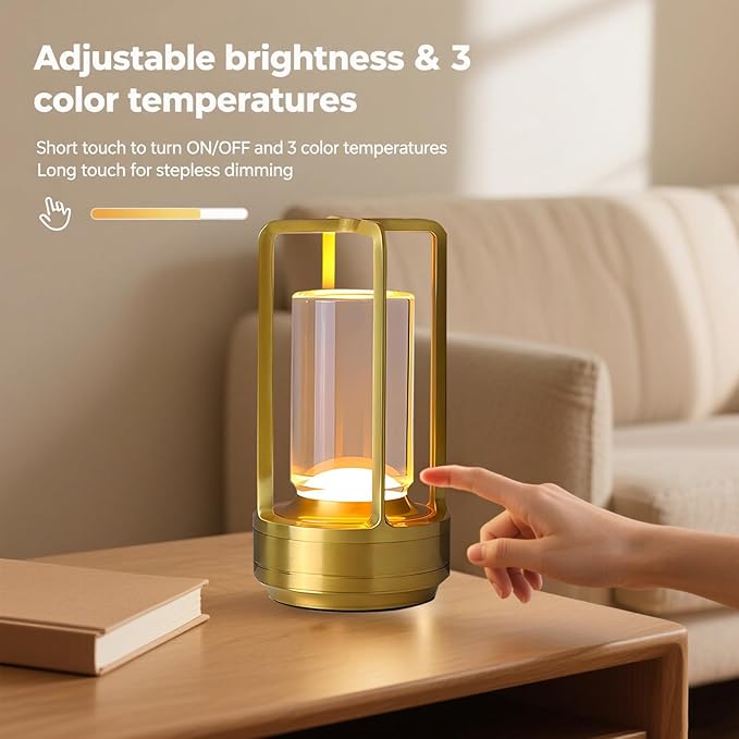 Crystal Lantern Lamp – 4000mAh Rechargeable Battery Operated Cordless Crystal Table Lamp with 3 Colors, Portable Desk Lamp for Indoor & Outdoor Patio, Camping, Restaurant (Gold)