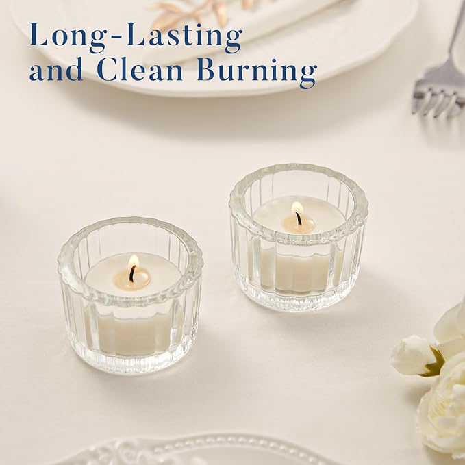 Crenovo Tea Lights Candles 25 Pack, Natural Soy Wax Tealights Candles Bulk 6 Hours Non-Toxic, Long Burning, Unscented Small Votive Cup Candles for Wedding, Party, Dinner, Emergency