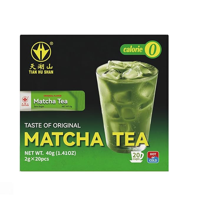 TIAN HU SHAN Matcha Green Tea Sticks, Portable Matcha Powder Unsweetened No Additives, Suger Free, Single Serve 20 Count