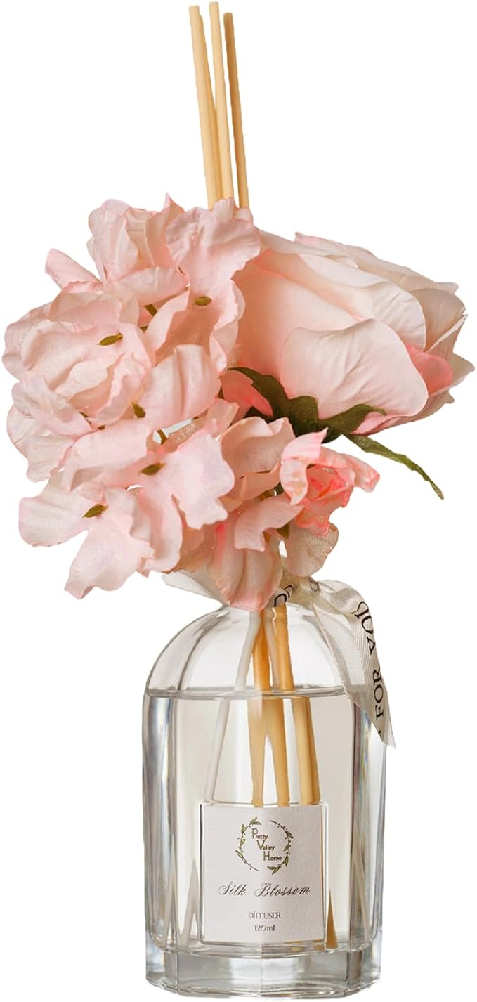 Reed Diffuser Set, Pretty Valley Home Dried Flowers Diffuser 120Ml / 4.05 fl OZ Gift Box - Includes Sticks, Long Lasting Fragrance Oil and Glass Bottle for Office Living Room Decor (Silk Blossom)