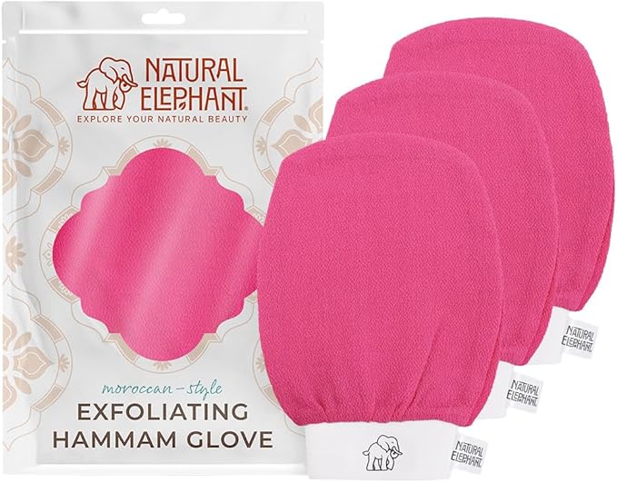 Natural Elephant Exfoliating Hammam Glove | Authentic Moroccan Kessa Body Scrub Mitt for Spa-Quality Skin Renewal | Pink Tulip 3 Pack
