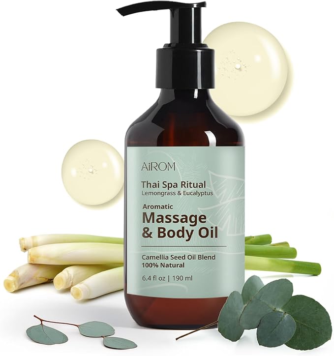 AiROM Lemongrass & Eucalyptus Massage Oil for Massage Therapy – Thai Spa Ritual - Scented Body Oil for Women – Hypoallergenic, Relaxing Aromatherapy, Non-Greasy, Nut-Free - 6.4 fl oz
